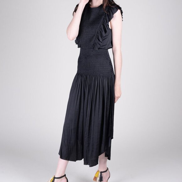 Ulla Johnson Dresses & Skirts - Ulla Johnson Coco Black Smocked Ruched Ruffled Midi Dress Sz. 0